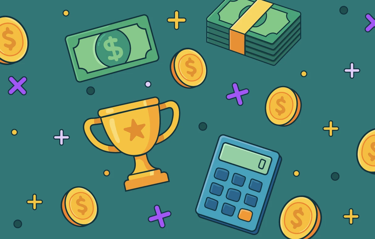 Cartoon graphics of coins and dollar signs