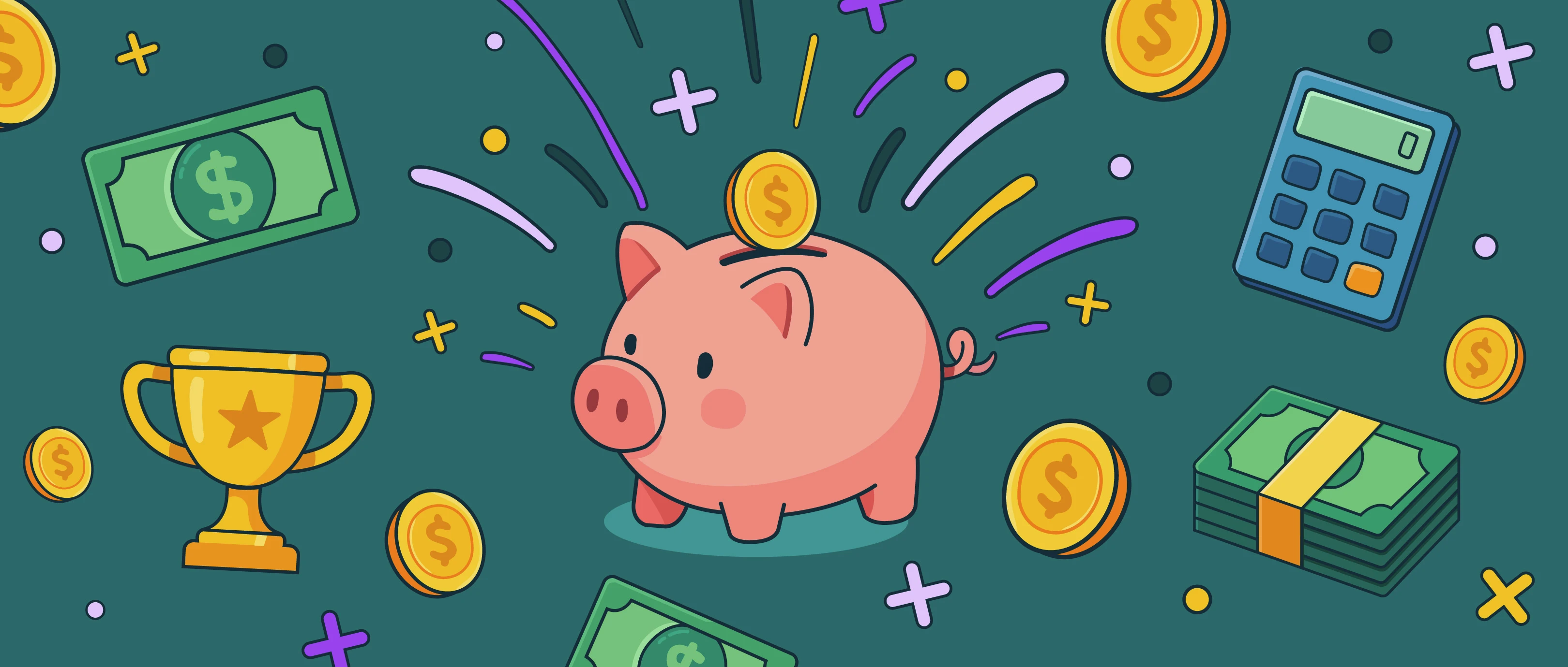 A cartoon piggy bank with a coin slot and coins around it
